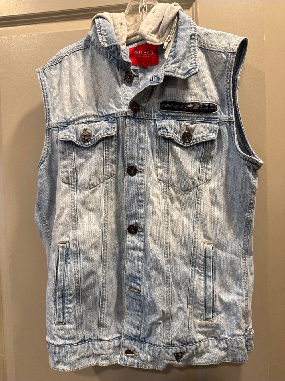 GUESS Light Blue Denim Vest with Gray Hooded Liner
